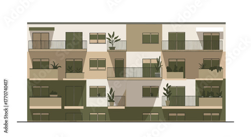 Apartment Building Facade with Balconies and Green Accents.