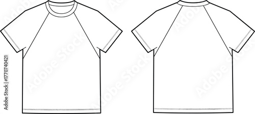 Short Sleeve Raglan T-Shirt Technical Flat Sketch Vector Outline Crew Neck Basic Apparel Design Template.