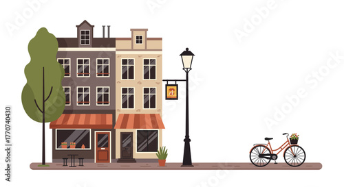 Charming European Cityscape with Buildings Bicycle and Streetlight.