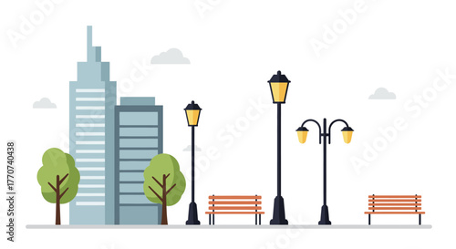 City Park Illustration with Buildings and Street Lights.