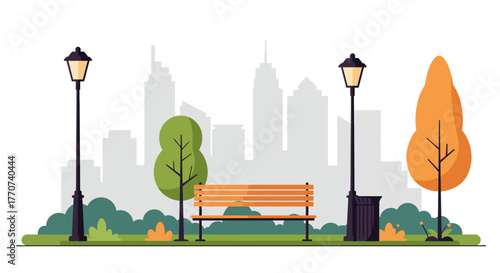 City Park Scene with Bench and Streetlights Illustration.