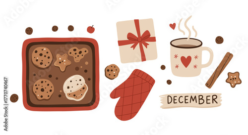 Cozy December Baking Scene with Cookies Cocoa and Gifts.