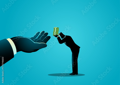 Businessman Bowing with Money to a Giant Hand, concept of power, corruption, bribery, financial control, and business hierarchy