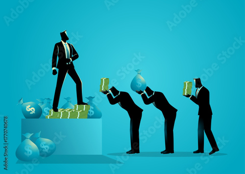 Businessmen Bowing and Paying Money to Higher Authority, concept of power, corruption, bribery, financial control, capitalism, and business hierarchy