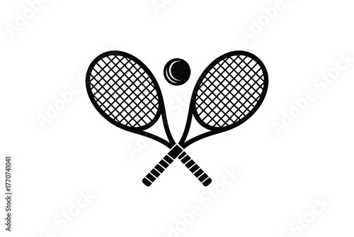 Simple line art icon of crossed tennis rackets and ball