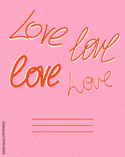 Romantic postcard with word love with pink colour and hearts for lovely person