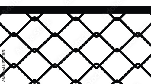 Vector illustration of a seamless chain-link fence pattern. Thick black lines form a diamond mesh against a white background, with a solid black top border. Represents security, barrier, or boundary.