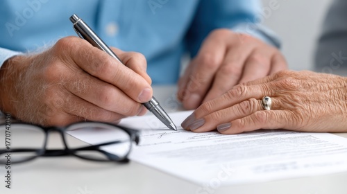Close-up of an old couple's hands signing a healthcare contract, with a pen and glasses on the desk, emphasizing trust and commitment to elderly wellness. 