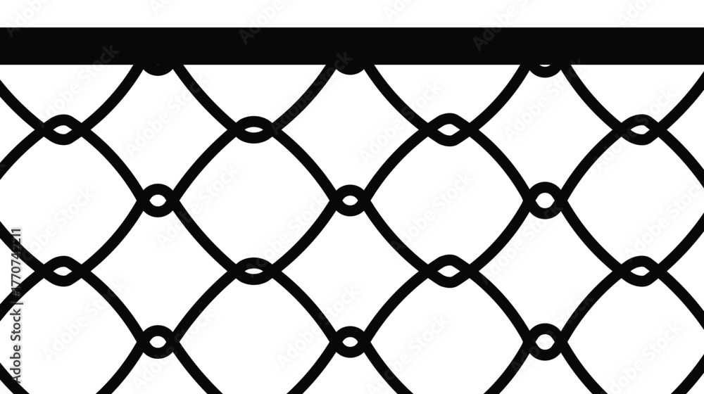 Fototapeta premium Vector illustration of a seamless chain-link fence pattern. Thick black lines form a diamond mesh against a white background, with a solid black top border. Represents security, barrier, or boundary.