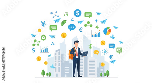 Financial growth and global business communication concept with businessman and digital icons, city background
