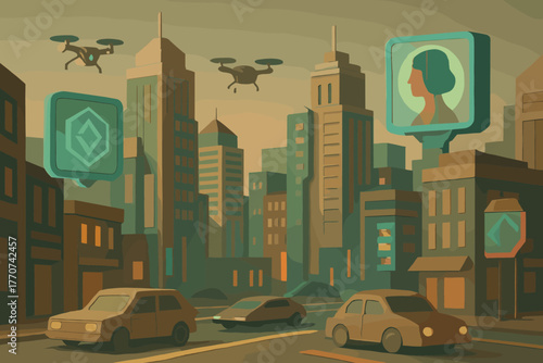 Cyberpunk flying skyline vector colors icon geometric any fusion characters no marks