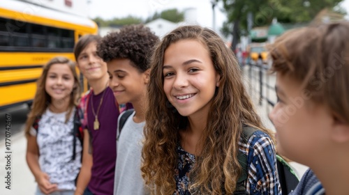 Diverse group of middle schoolers sharing stories about summer adventures while lined up for the school bus. 