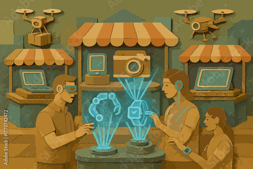 Vector marketplace chinese speech no floating icon stalls typography holographic neon surfaces