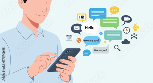 Modern Communication Person Texting on Smartphone with Social Media Icons and Chat Bubbles