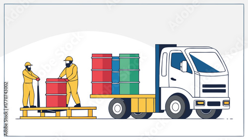 Isometric cartoon showing toxic waste disposal team in yellow hazmat suits moving hazardous chemical containers into truck for transport.