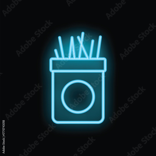 Blue neon sign of incense sticks in round container on black background