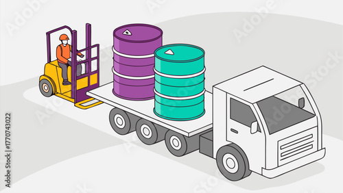 Isometric vector illustration of hazardous waste workers in yellow suits moving toxic chemicals into truck for disposal in industrial area.