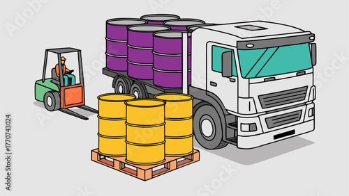 Toxic waste disposal team in yellow hazmat suits loading chemical barrels onto truck in isometric industrial environment for safe transport.