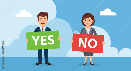 Man and woman holding signs with yes and no on them, representing a decision-making process or survey response