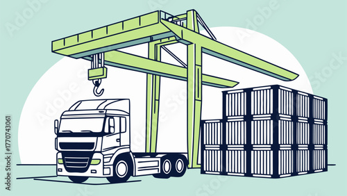 Shipping container handling at the quayside with advanced gantry crane technology, optimizing the import-export process and truck logistics.