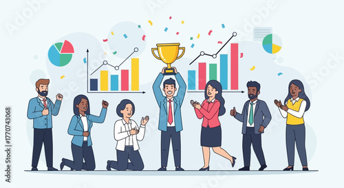 Team celebrating success and achievement with a trophy, confetti falling, and charts in the background, symbolizing victory and teamwork