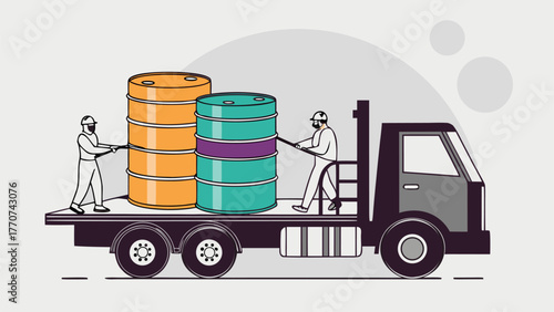 Isometric illustration of workers in yellow hazmat suits moving hazardous waste chemical tanks into truck for environmentally safe disposal.
