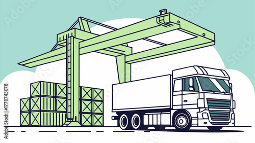 Container handling at the quayside using a gantry crane, supporting efficient import-export logistics and seamless truck transportation.