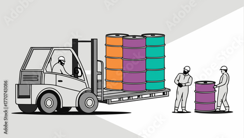 Industrial isometric scene of toxic waste workers in yellow suits transferring hazardous chemical tanks to truck for safe disposal.