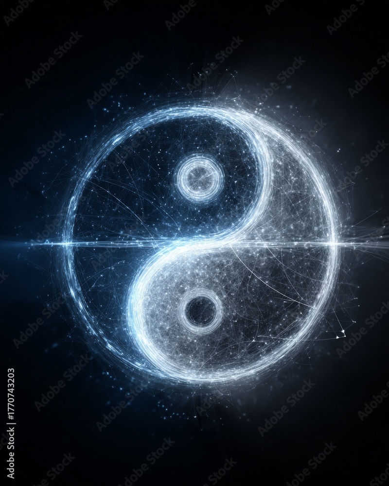 Obraz premium Digital yin yang symbol in glowing blue cosmic network abstract futuristic style