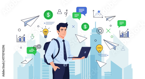 Businessman working on laptop with digital icons and cityscape background, symbolizing business growth and technology