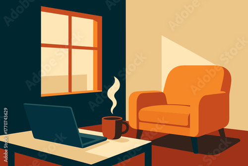 No home retreat punctuation vector coffee laptop icon armchair minimalism minimalist letters