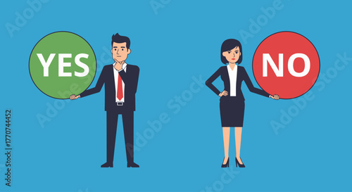 Decision making process, man holding yes, woman holding no, illustration on blue background