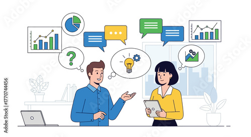 Business meeting discussion between two colleagues about growth and new ideas in a modern office setting, with charts and speech bubbles