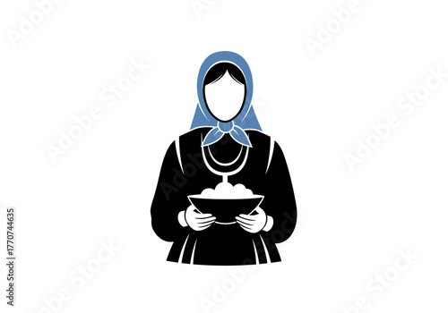Woman in traditional dress holding bowl of food with headscarf  
