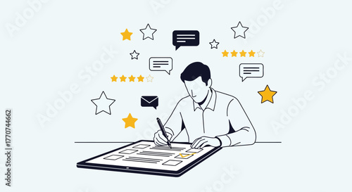 Conceptual illustration of a person writing on a form with review stars and speech bubbles around them