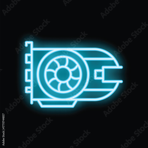 Blue neon icon of a graphic card glowing on a dark background, perfect for technology and gaming concepts