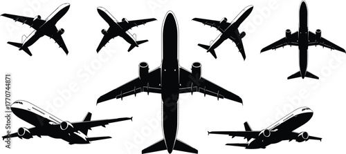 Airplane silhouettes, flight vector, aviation design, commercial aircraft, black and white illustration, travel icon, jet views, flying motion, aircraft set, minimal style