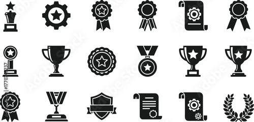 Award icons, achievement symbols, trophy vector set, medal, certificate, laurel wreath, black line design, recognition, honor, excellence graphics