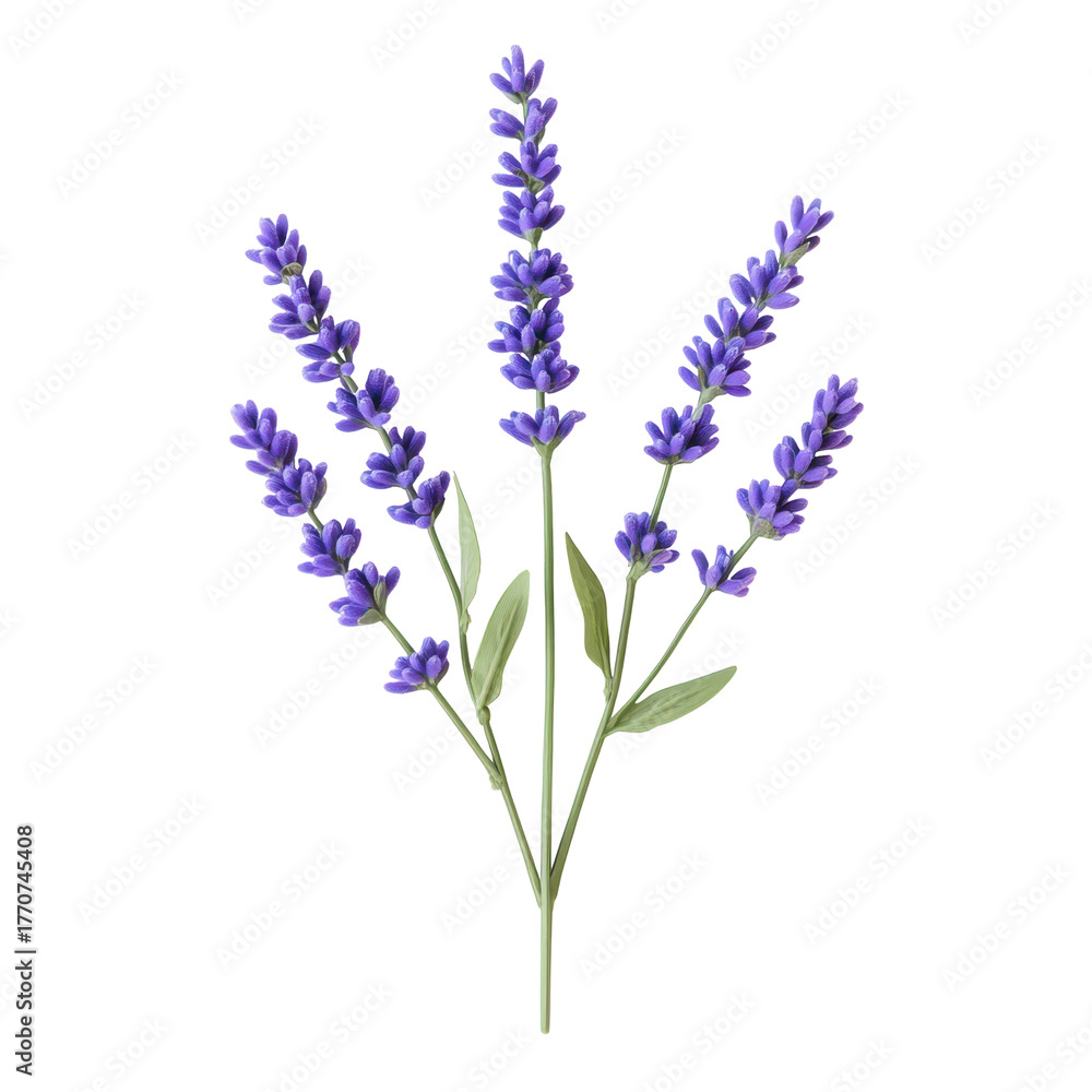 Naklejka premium Serene Lavender Branch: A delicate sprig of lavender showcases its vibrant purple flowers and lush green leaves, evoking a sense of tranquility and the beauty of nature.