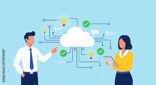 Digital Cloud Network Connection with Business People and Technology Icons