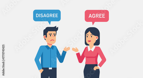 A man and woman in a discussion, with speech bubbles indicating disagreement and agreement