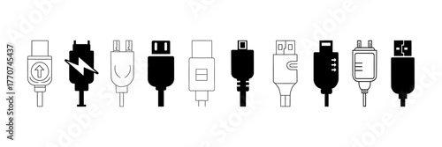 USB cable connecton icon set. Mobile phone charging plug device simple design collection and outline black silhouette vector.