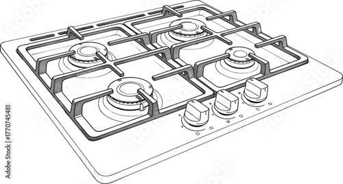 Detailed gas stove illustration, kitchen appliance with four burners
