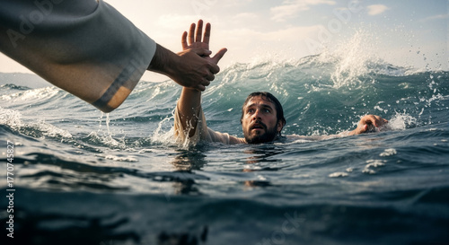 Jesus Christ saving the apostle Peter from drowning in the sea. A biblical scene of faith, hope, and a divine miracle of salvation