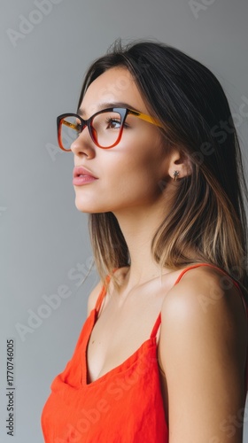 Shot of a stylish girl wearing large square glasses with a color gradient, looking thoughtfully to the side, against a minimalist gray background.