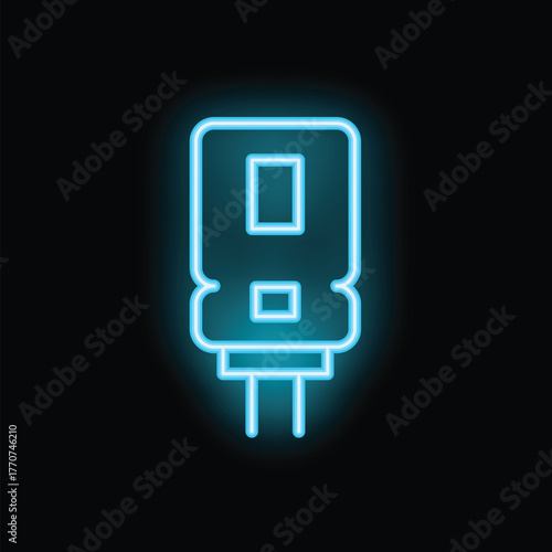 Neon blue electric water heater icon glowing on black background, representing home appliances and energy efficiency