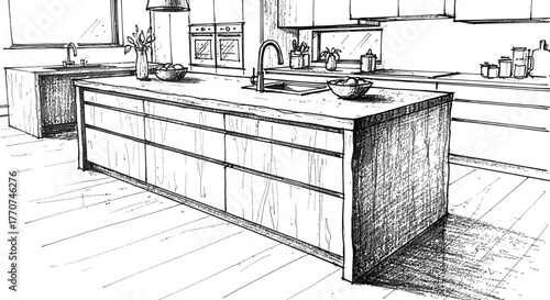 Kitchen island sketch, interior design concept, home improvement