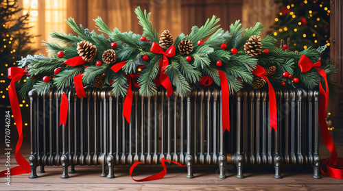 Cozy Christmas Garland with Pine Branches and Red Ribbons on Radiator