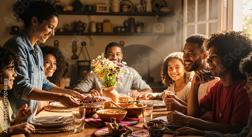Diverse Family Joyfully Shares a Delicious Traditional Brazilian Feijoada Meal Together Around a Sunlit Table