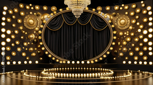 Luxury Golden Stage Background – Glamorous Lights and Black Curtains